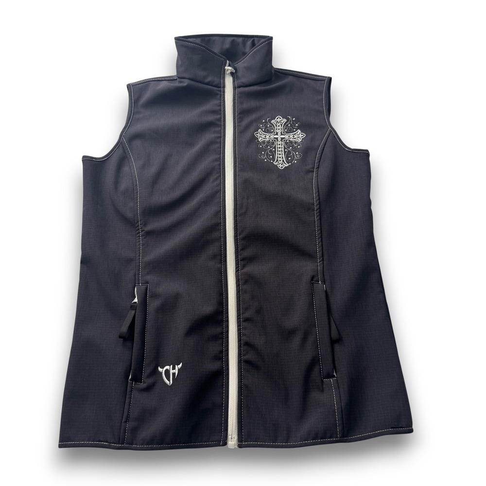 Cowgirl Hardware Womens Black Softshell Vest Embroidered Cross Rhinestone Small